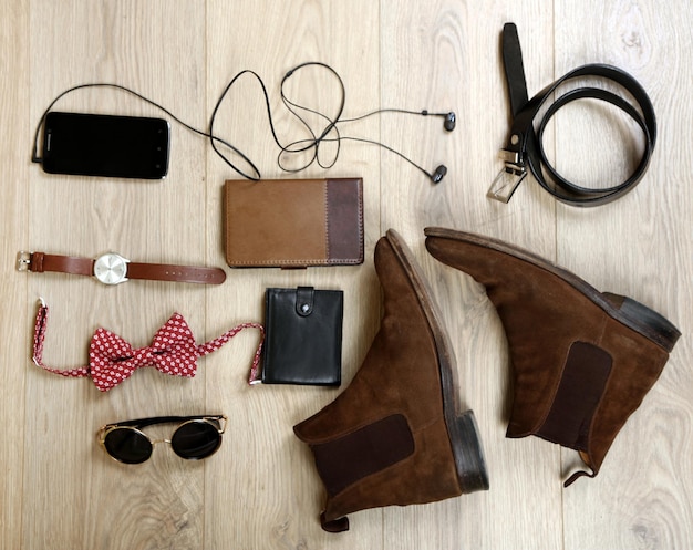 Photo still life of casual man modern male accessories on wooden background