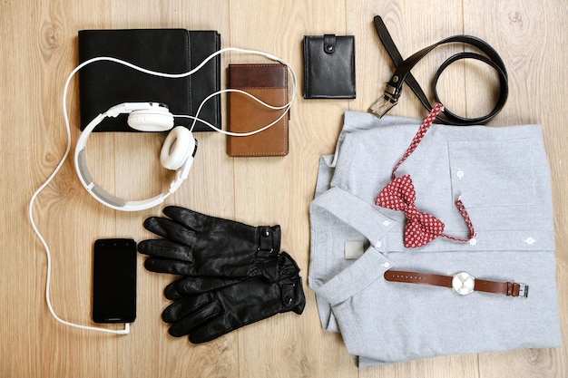 Still life of casual man on wooden background