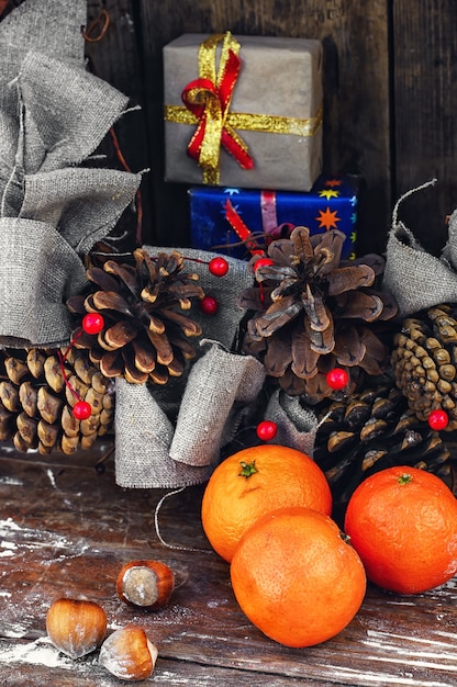 Still life Christmas wreath and tangerines