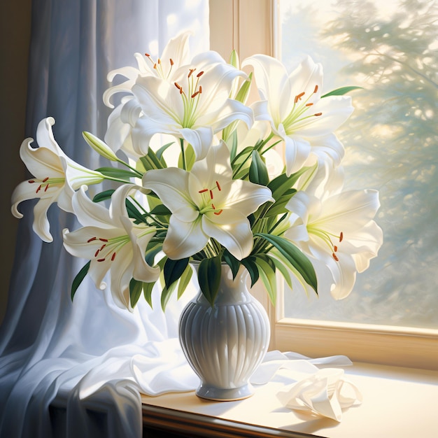 Still life Clear glass vase with beautiful lilies flowers