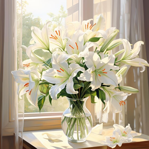 Still life Clear glass vase with beautiful lilies flowers