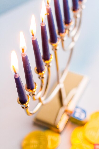 A still life composed of elements of the Jewish Chanukah/Hanukkah festival.