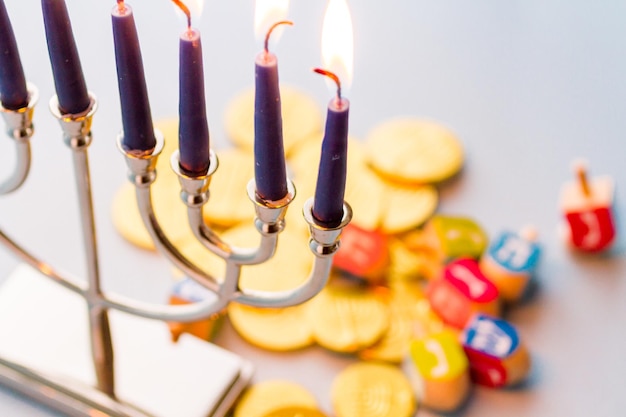 A still life composed of elements of the Jewish Chanukah/Hanukkah festival.