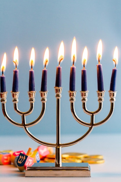 A still life composed of elements of the Jewish Chanukah/Hanukkah festival.