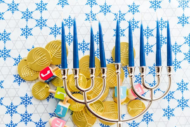 A still life composed of elements of the Jewish Chanukah/Hanukkah festival.