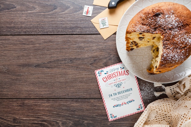 Photo still life composition of delicious panettone with copy space