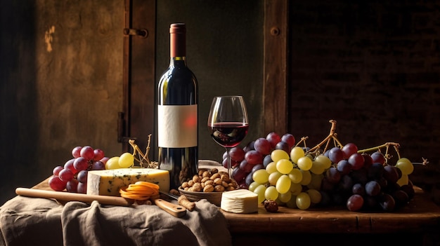 A still life composition showcasing the elegance of wine including a bottle glasses grapes and cheese platter on a rustic wooden table Generative ai