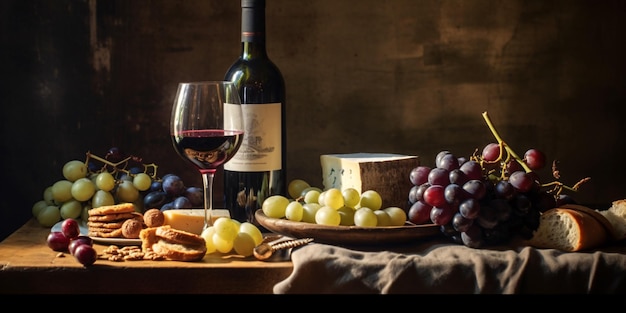 A still life composition showcasing the elegance of wine including a bottle glasses grapes and cheese platter on a rustic wooden table Generative ai