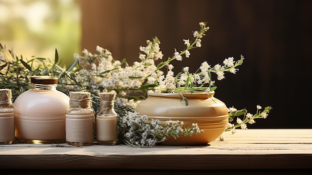 Still life composition on a table with medicinal plants and natural cosmetics in a wooden design advertising banner illustration of a healthy lifestyle AI generated