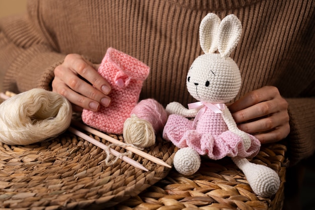 Still life of crochet plushies