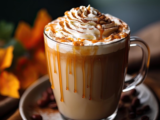 Photo still life of delicious pumpkin spice latte cappuccino coffee with whipped cream and caramel in mug