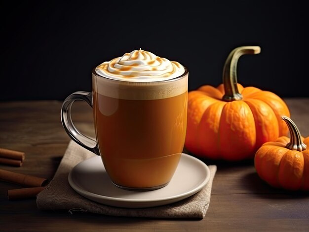 Foto natura morta di deliziosa zucca spezia latte cappuccino caffè con panna montata e caramello in tazza