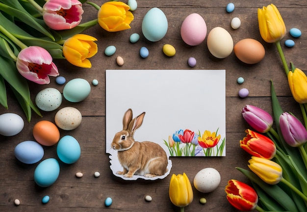 A still life depicting a happy Easter at home with spring flowers tulips and colorful eggs and a place for text