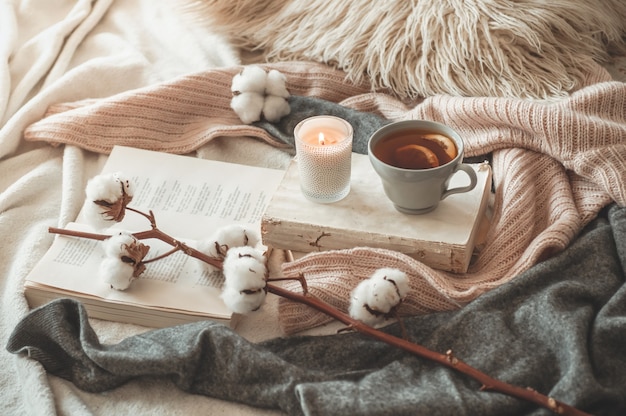 Photo still life details in home interior of living room. sweaters and cup of tea with a cone,  nuts and autumn decor on the books. read, rest. cozy autumn or winter concept.