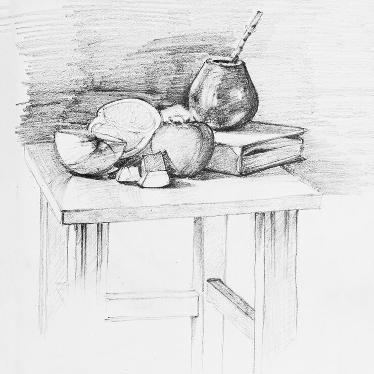 Still life drawing by hand on paper with black pencil white background
