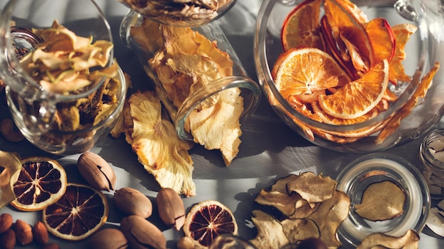 Still life of dried fruits Citruses and dried mangoes