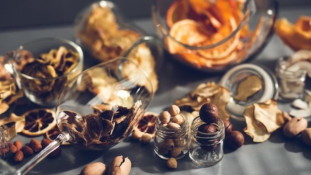 Still life of dried fruits Citruses and dried mangoes