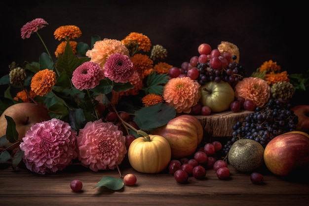 A still life of flowers and fruits with a dark background