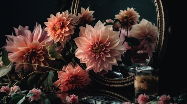 A still life of flowers and a mirror with a candle in the corner.