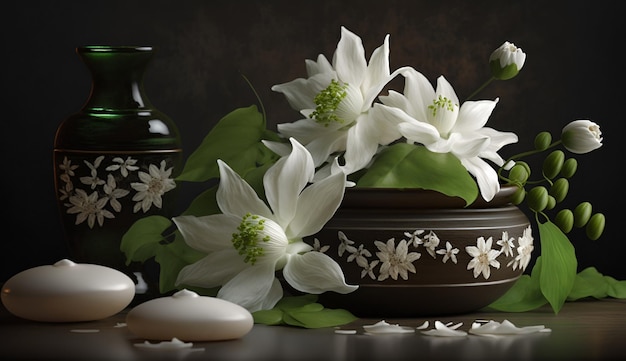 A still life of flowers and stones with a black background.