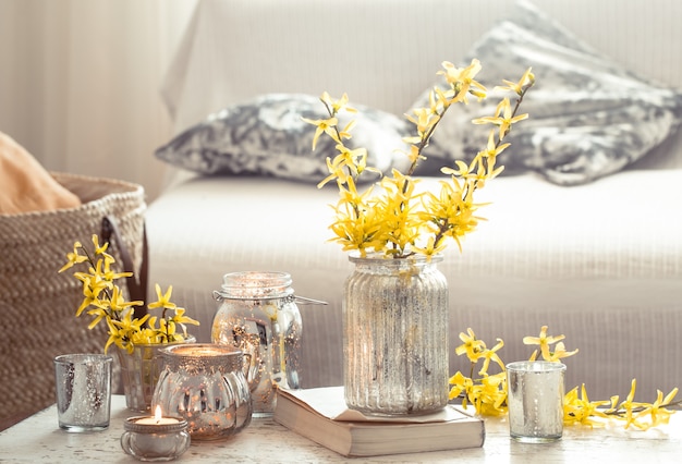 still life flowers with decorative objects in the living room