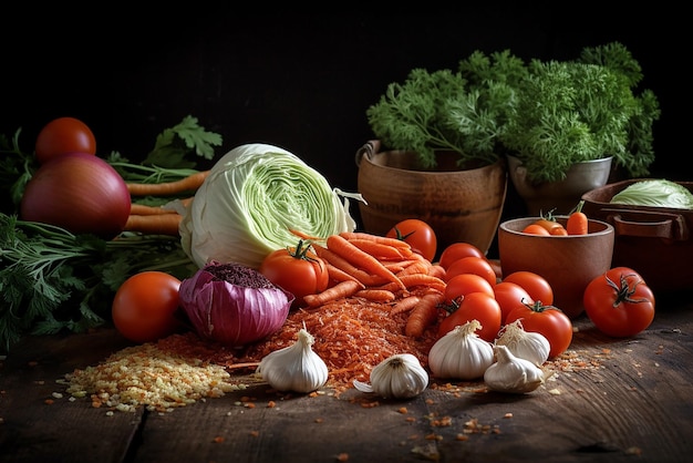 Still life fresh vegetables on a wooden table studio light