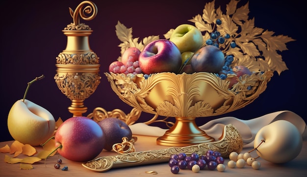 A still life of fruit in a gold bowl