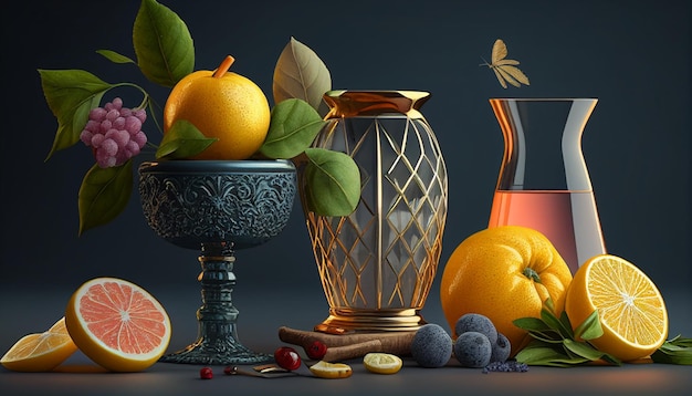 A still life of fruit and a vase with a leaf on it