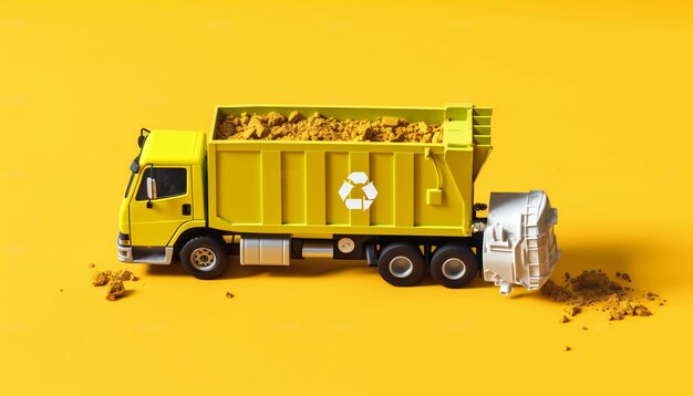 Still life of garbage truck and garbage container on yellow