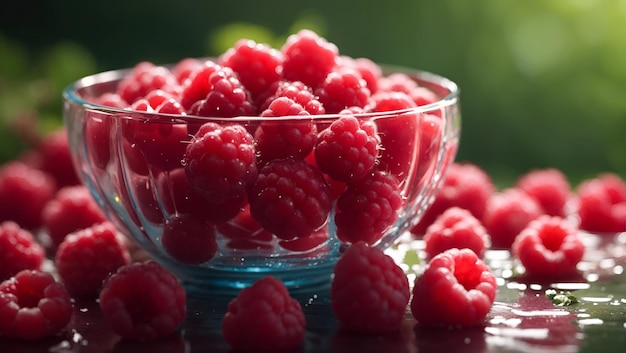 A still life of a glass bowl of freshly picked raspberries glistening with morning dew