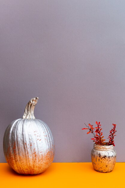 Natura morta di zucca dorata e rametti rosa-arancio di crespino su un tavolo grigio-arancio