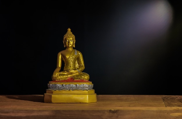 Still life Golden Buddha statue with light ray .