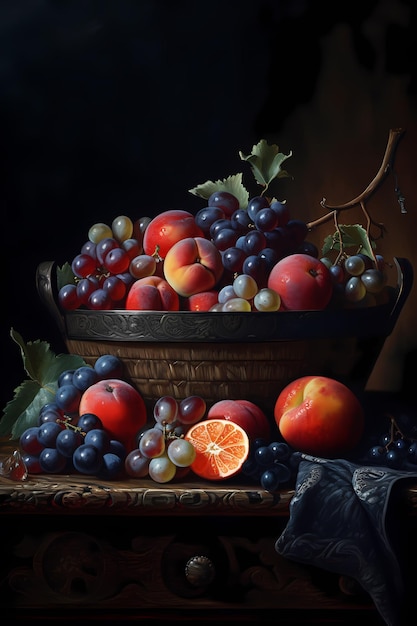 A still life of grapes and a peach