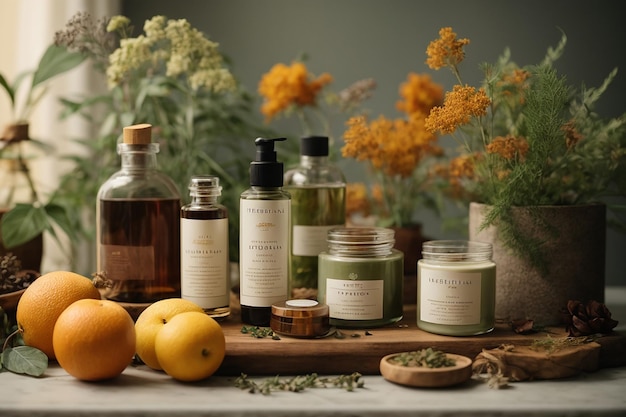 Photo still life herbarium concept with natural beauty products