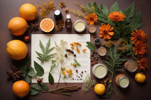 Still life herbarium concept with natural beauty products