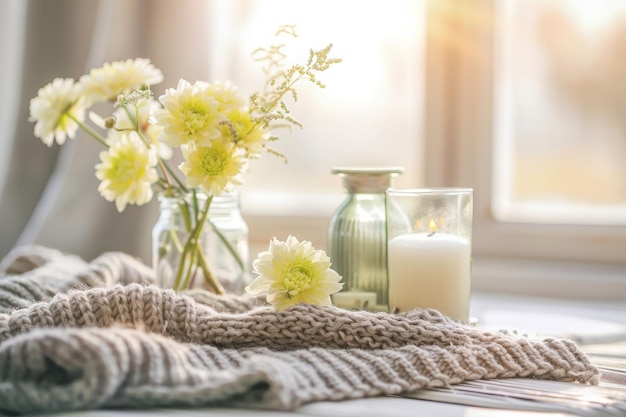 Still life home decor on a wooden table in the living room decorative bottle with flowers and a can