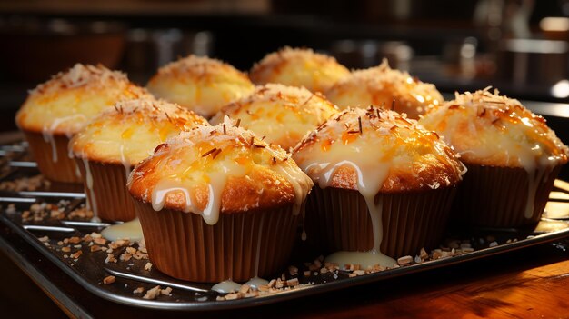 Still life of home made muffins in muffin tray on cooling rack