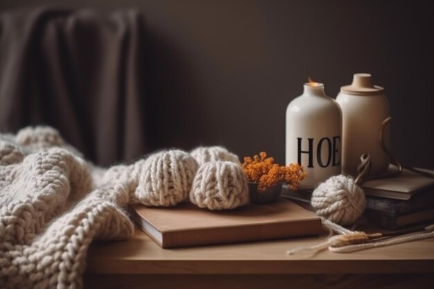 Photo still life in hygge style with wooden word home and knitted element