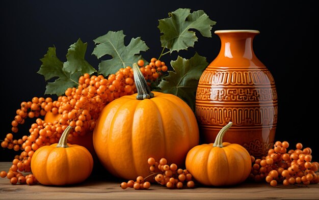 A still life illustration with fall elements like pumpkins and sea buckthorn in a single color palette