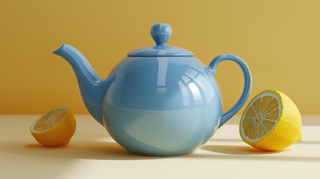 Photo still life image of a blue ceramic teapot and a lemon cut in half on a solid yellow background