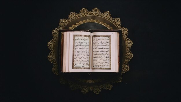 暗い黒い背景のイスラム教徒の聖書コーランの静物画像