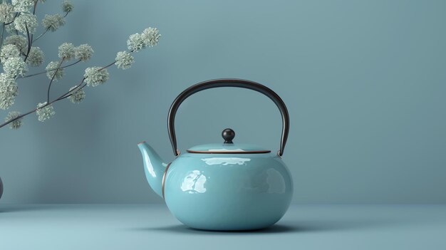 Фото Натюрмортный образ синего чайника на синем столе на синем фоне чайник сделан из керамики и имеет черную ручку
