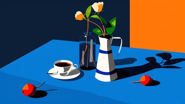 A still life image of a table with a vase of flowers a cup of coffee and some fruit