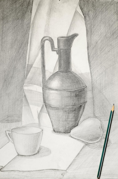 Photo the still life is drawn in pencil the concept of learning to draw