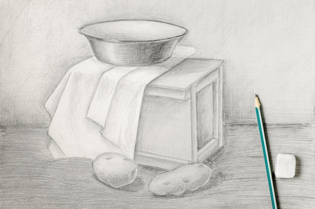 The still life is drawn in pencil The concept of learning to draw