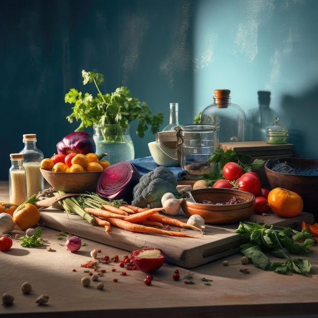 Still life in the kitchen with many different vegetables generative ai