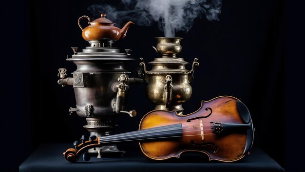 Still life kunstfotografie concept met antieke samovar en viool geïsoleerd op een zwarte achtergrond