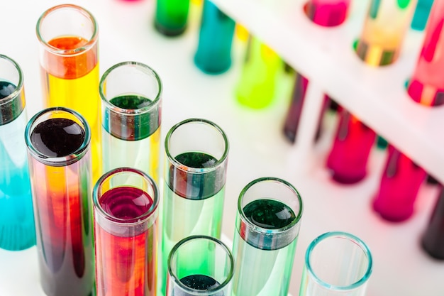 Still life in laboratory. Test tubes with colorful chemicals