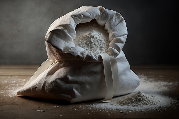 暗い背景に小麦粉がいっぱい入った大きな袋の静物 ジェネレーティブ AI
