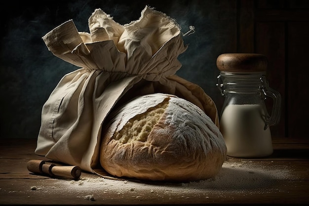 Photo still life of a large sack full of flour with loaves of bread on a dark background generative ai